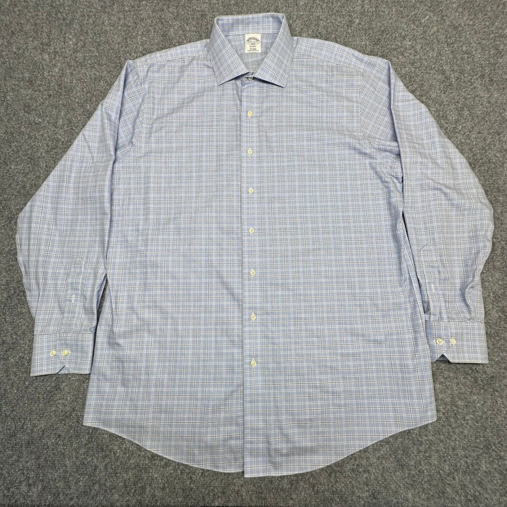 Brooks Brothers Shirt 17.5 6/7 Blue Plaid Non-Iron Regent Fit Cotton